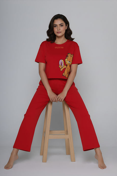 Zivame Garfield Knit Cotton Loungewear Set - Mars Red — image 2